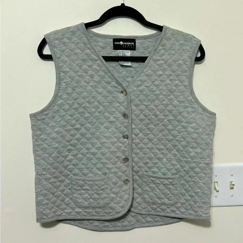 Sag Harbor Sport Petite Heather Gray Quilted Button Front Vest PM H32776GY